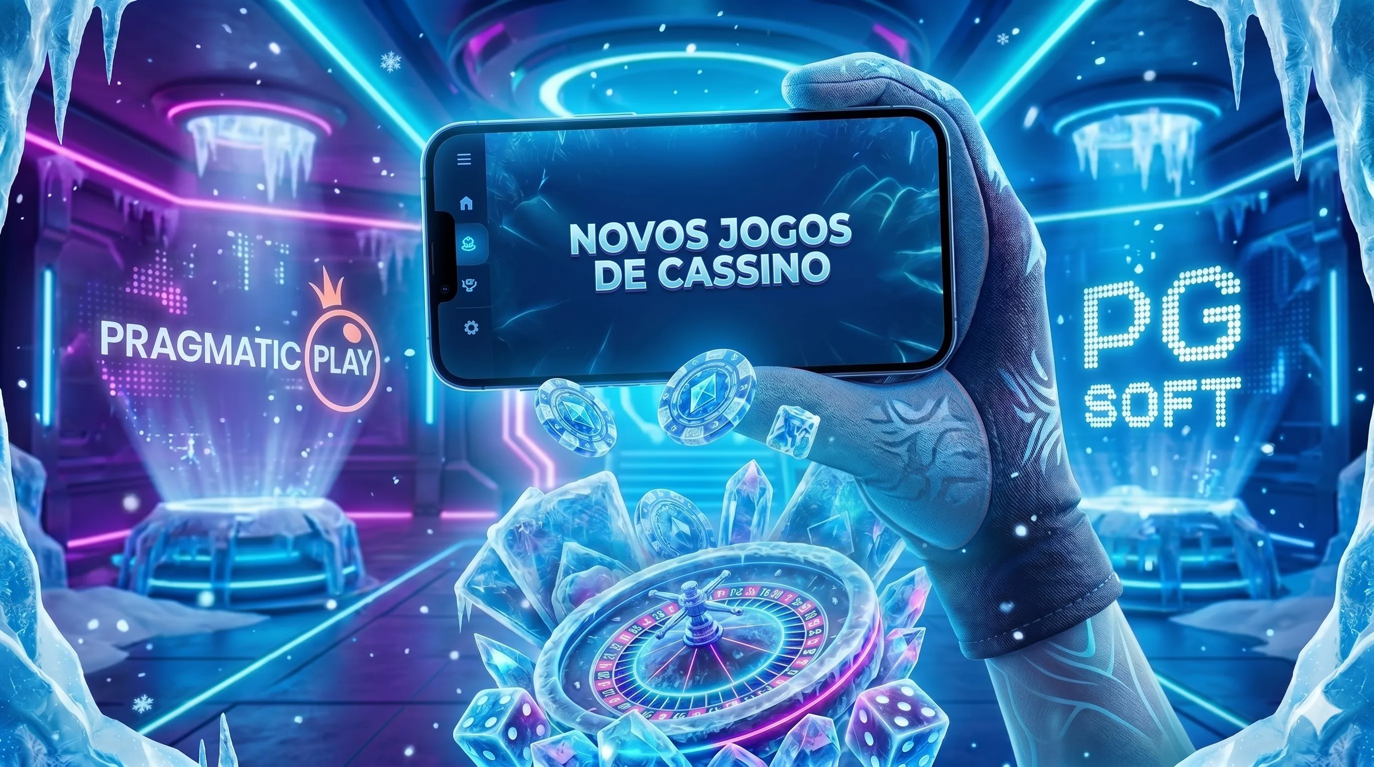 Uma imagem publicitária futurista e gelada para a plataforma Ice.bet.br. Uma mão usando uma luva tática com um padrão técnico segura um smartphone no centro. A tela do celular exibe o texto "NOVOS JOGOS DE CASSINO" (em português), com os ícones de menu, perfil e configurações ao lado. Abaixo da mão, há uma complexa estrutura de gelo esculpida segurando uma roleta, fichas de pôquer foscas com emblemas azuis, dados cristalinos e baralhos de cartas em molduras de gelo. O ambiente é um saguão de cassino de ficção científica, com stalactites e estalagmites de gelo emoldurando a cena. À esquerda, o logotipo neon de "PRAGMATIC PLAY" brilha sobre um pódio. À direita, o texto neon "PG SOFT" brilha sobre outro pódio. A iluminação é dominada por tons vibrantes de azul elétrico e roxo profundo, com luzes de neon e refletores criando um ambiente de alta tecnologia e frescor da marca.