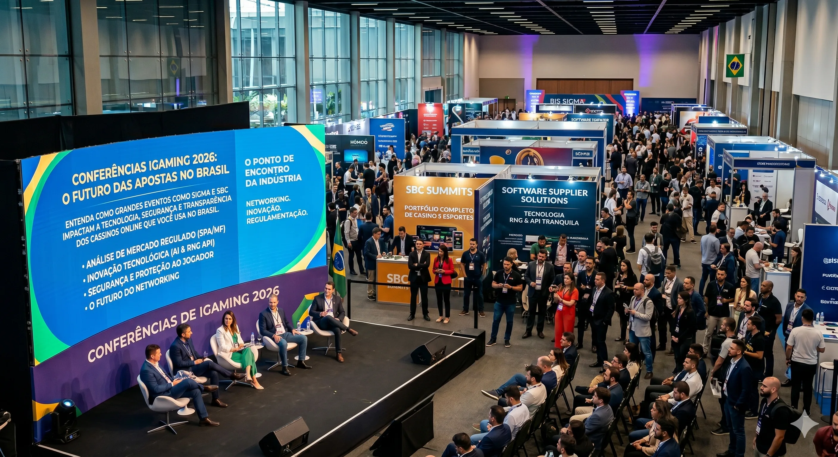 Vista panorâmica de uma conferência de iGaming em 2026 no Brasil, exibindo um painel de especialistas em um palco moderno com telas gigantes sobre regulamentação SPA/MF e tecnologia RNG. O pavilhão está repleto de stands de expositores como SiGMA e SBC, com profissionais de tecnologia e apostas realizando networking em um ambiente inovador e bem iluminado.
